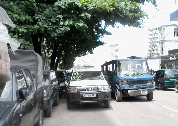 Une 4X4 et un bus 207 arborant chacun une brindille sur le pare-brise