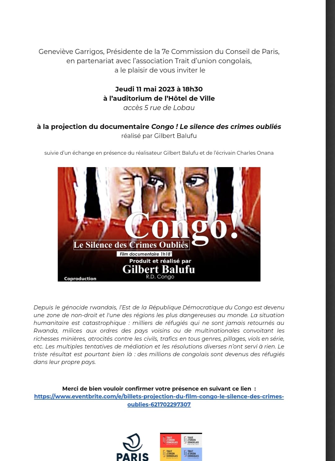 Programmation de Congo ! Le silence des crimes oubliés à à l’auditorium de l’Hôtel de Ville de Paris (DR)