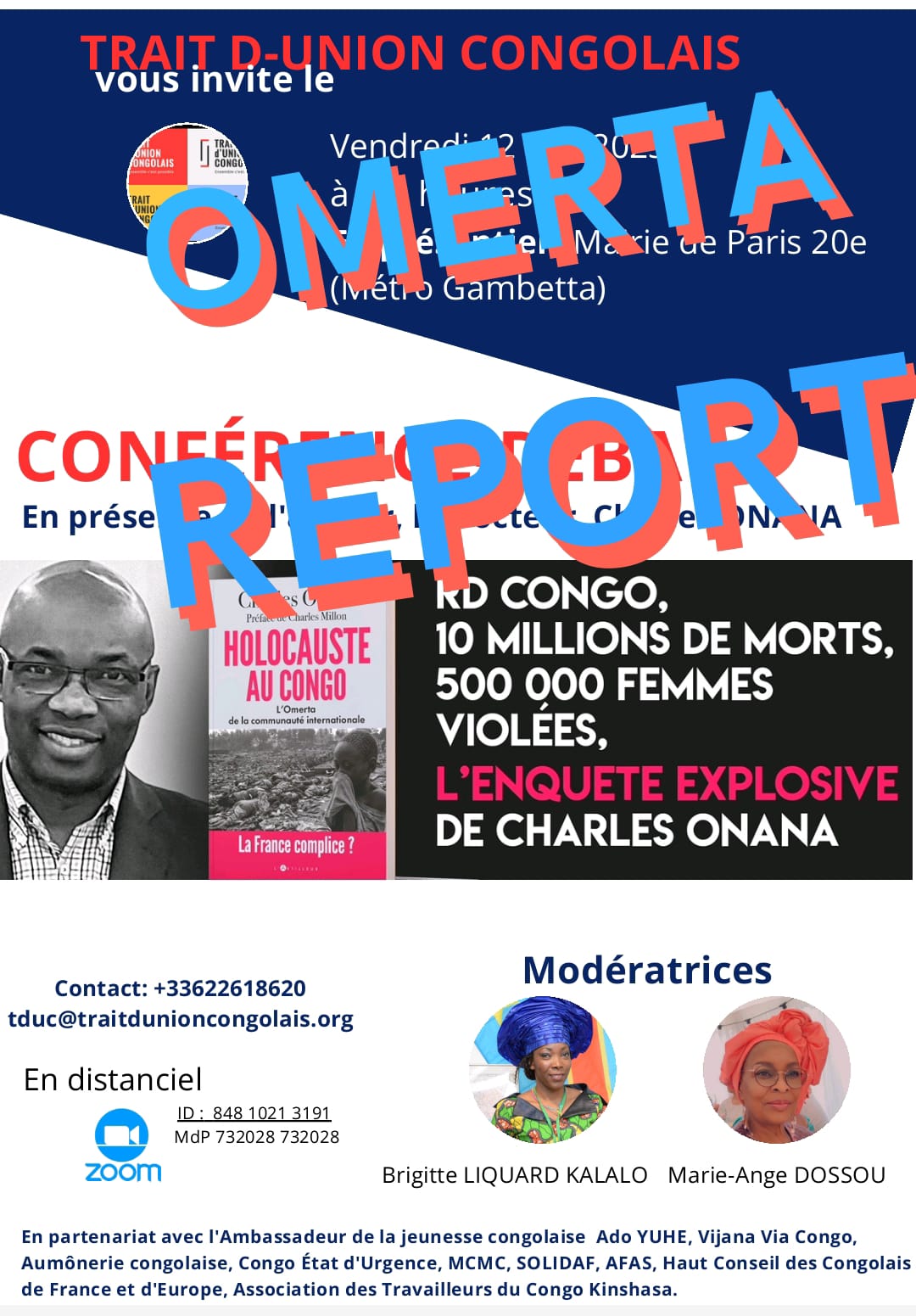 Report de la présentation du livre de Charles Onana au 14 mai (DR) 