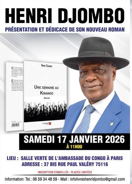 Affiche de la présentation du roman de Henri Djombo à Paris