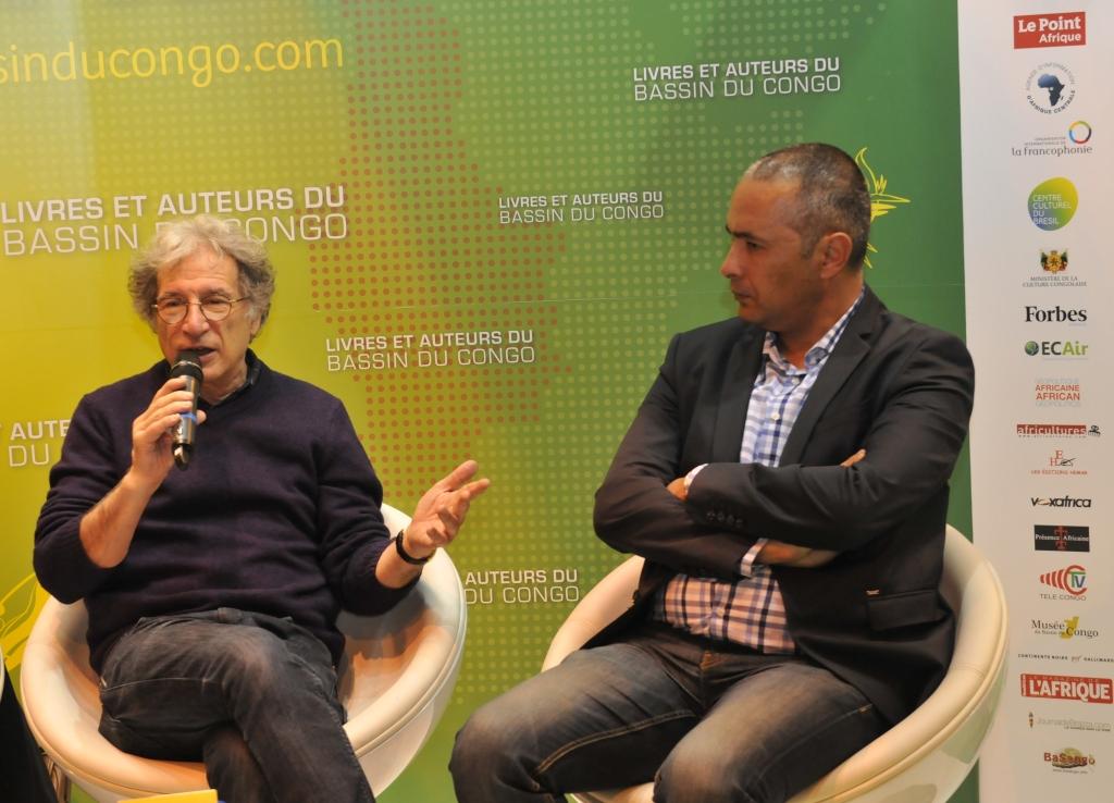 Kamel Daoud en compagnie de Yvan Amar sur le Stand Livres et Auteurs du Bassin du Congo, SIL 2015