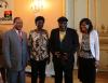 (de gauche à droite) le chargé d'affaires de l'ambassade d'Angola, la responsable de la Librairie des Dépêches de Brazzaville, le poète Lopito Feijó, et la conseillère culturelle de l'ambassade d'Angola ©Adiac 